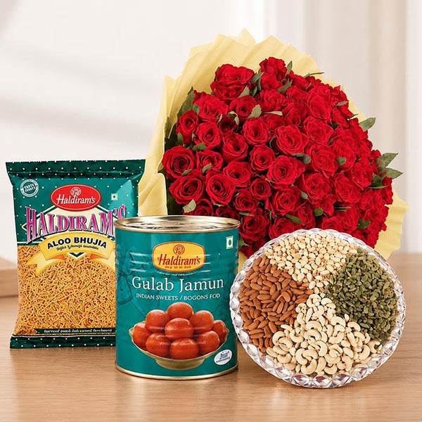 50 Red Roses with Dry Fruits & Gulab Jamun