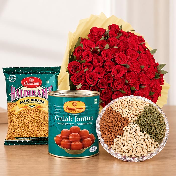 50 Red Roses with Dry Fruits & Gulab Jamun