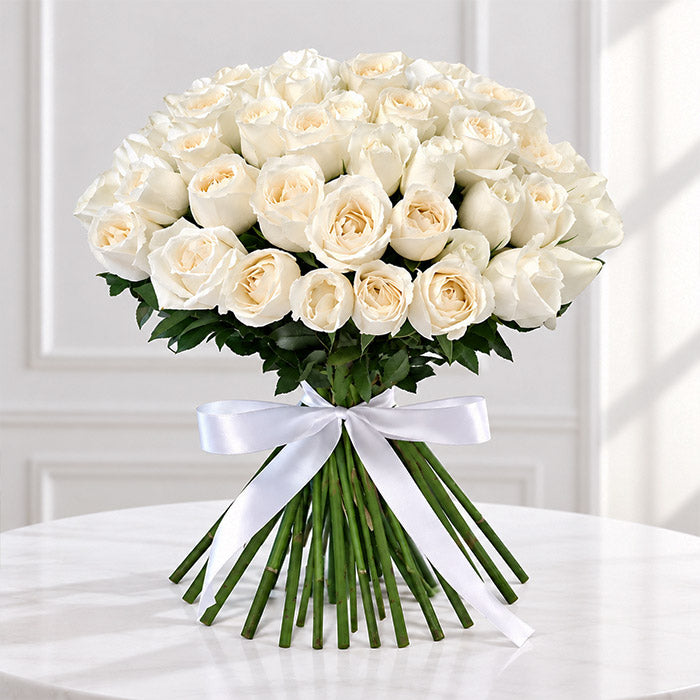 50 White Roses Bouquet | Fresh Floral Gift | OyeGifts