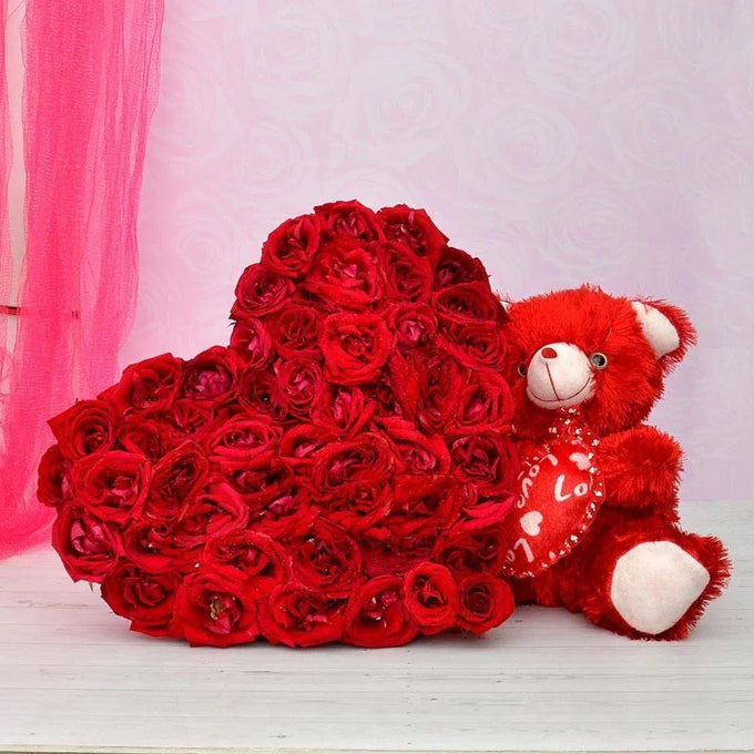 50 Red Roses with Red Teddy - Flower Delivery in GiftsGhaziabad