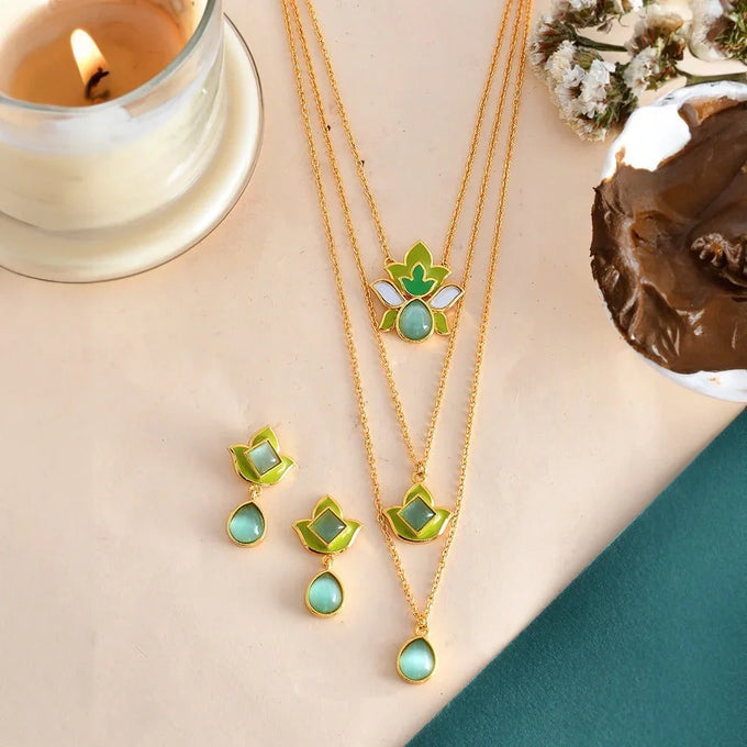 Voylla Forever More Green Layered Necklace Jewellery Set