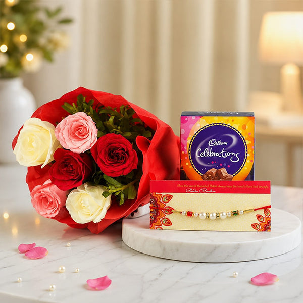 6 Mixed Roses Bouquet with Pearl Rakhi & Cadbury Celebrations