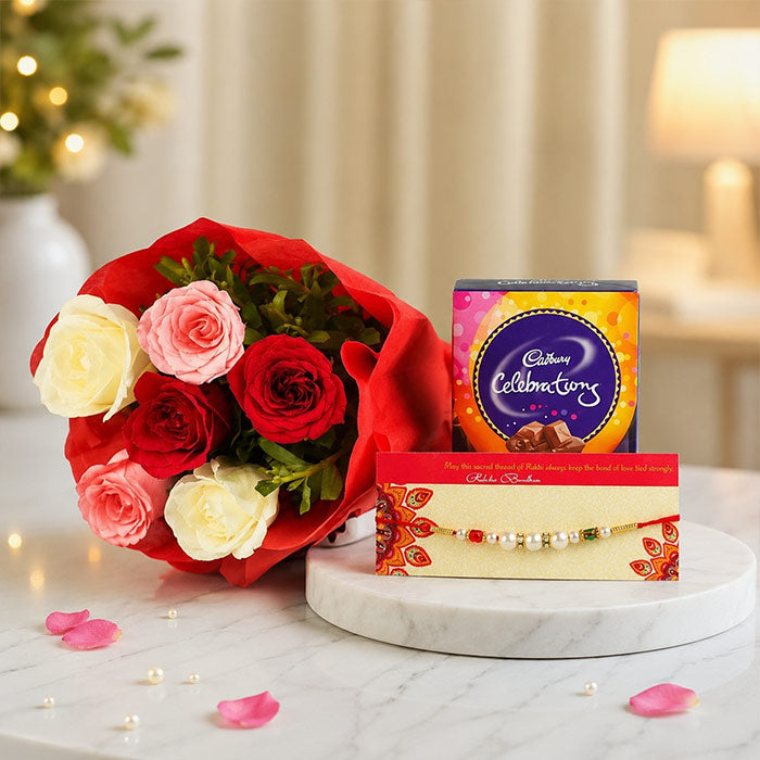 6 Mixed Roses Bouquet with Pearl Rakhi & Cadbury Celebrations