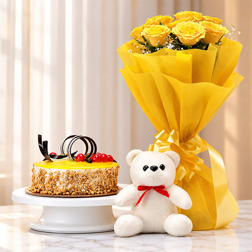 6 Yellow Roses with Cake and Teddy Bear