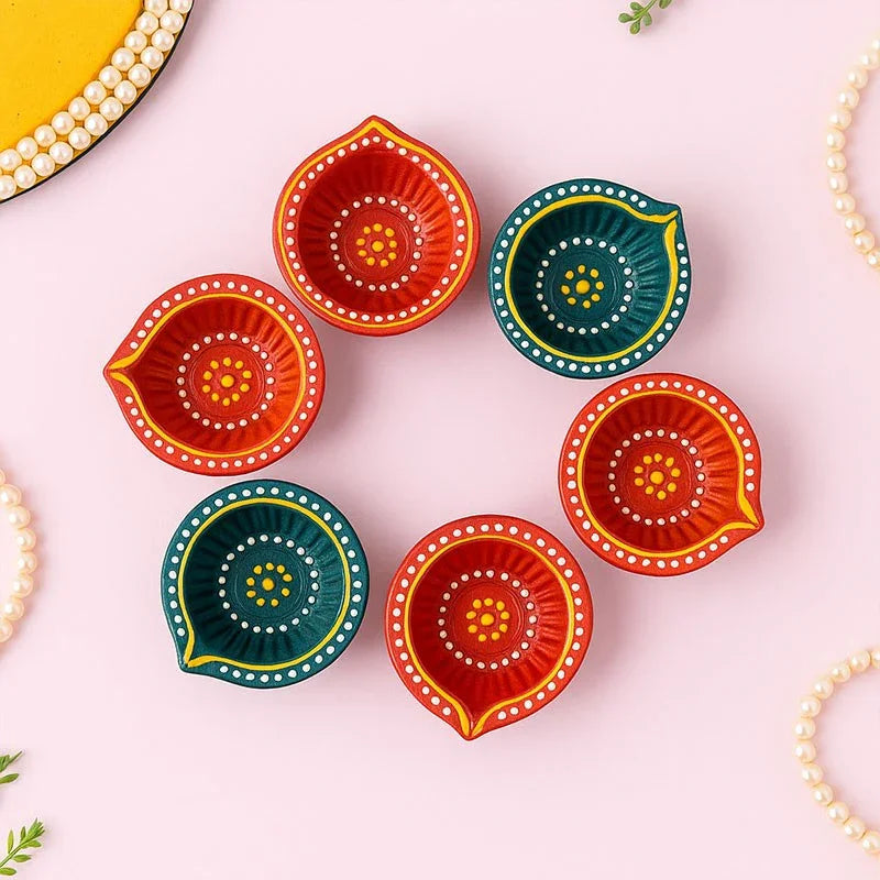 Set of 6 Hand-Painted Designer Diyas – Festive Edition