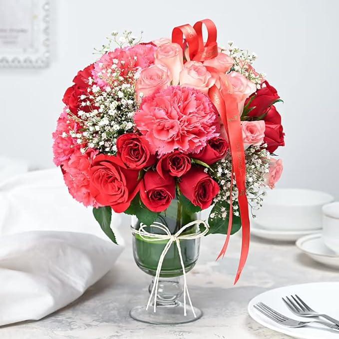 Mixed Pink Carnations & Red Pink Roses Glass Vase Arrangement