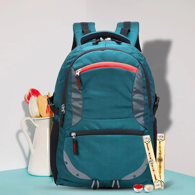 Teal backpack with red accents on a light gray background