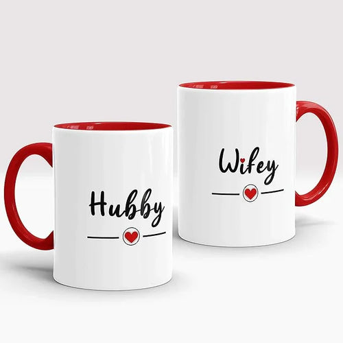 Two mugs with 'Hubby' and 'Wifey' text on a white background