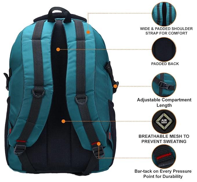 Blue backpack with features highlighted on a white background
