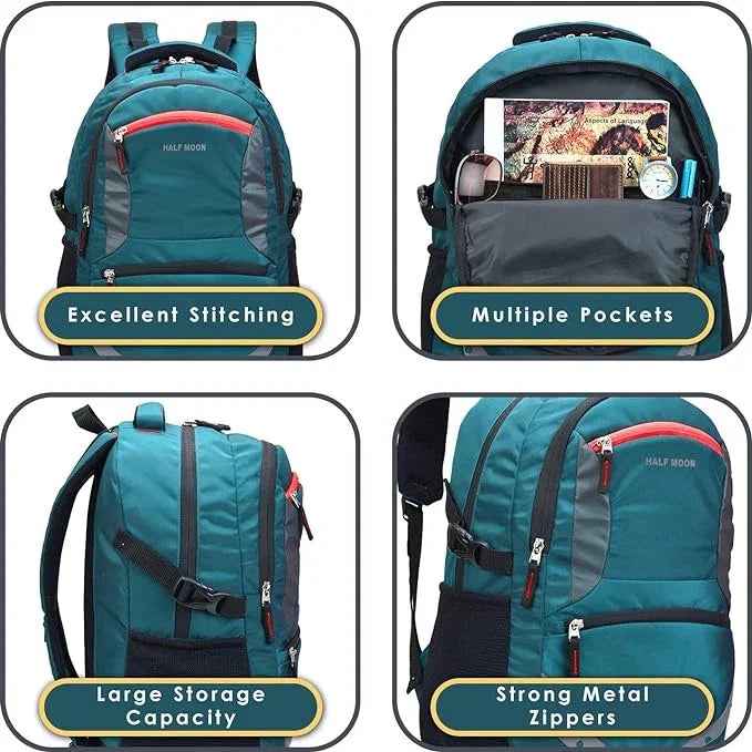 Teal backpack with features highlighted in four quadrants on a white background