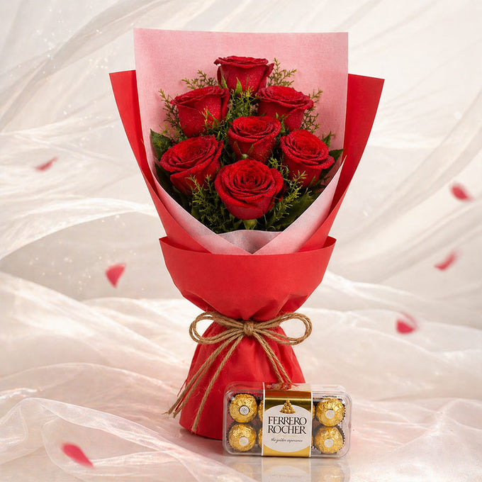 8 Red Roses with Ferrero Rocher Chocolate Bouquet - Flower Delivery in Kalyani