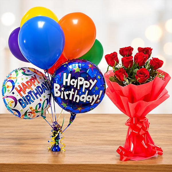8 Red Roses with 7 Balloons Birthday Gift