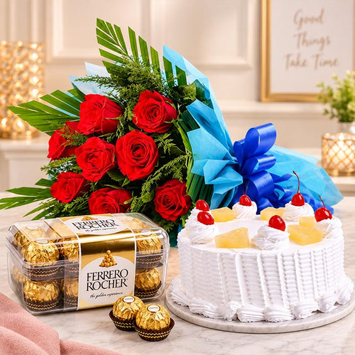 8 Red Roses with Pineapple Cake & Ferrero Rocher | OyeGifts