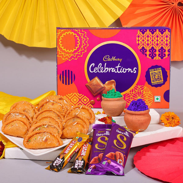 Cadbury Celebrations chocolate box with Indian sweets and colorful decorations