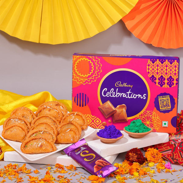 Cadbury Celebrations chocolate box with traditional Indian sweets and colors on a festive background