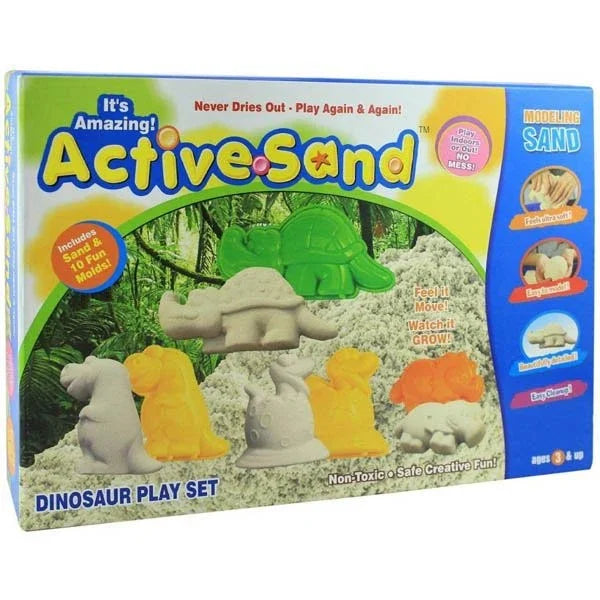 ActiveSand dinosaur play set packaging with sand figures and text on a white background