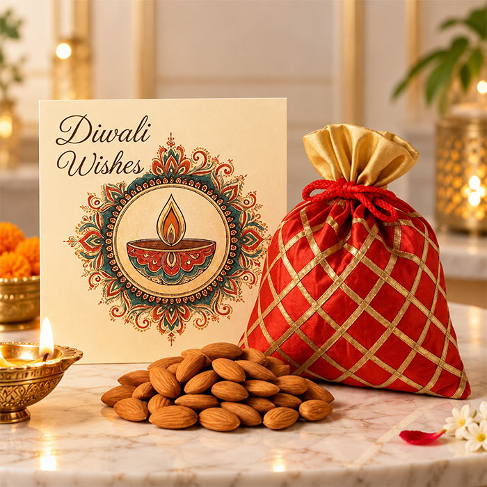 Almond Gift Potli with Diwali Greeting Card - 200g