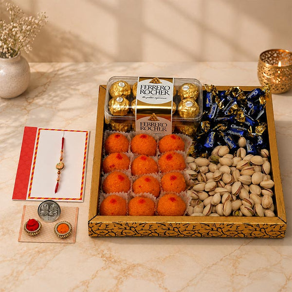 Almonds Kaju Barfi Mixed Chocolates Rakhi Basket