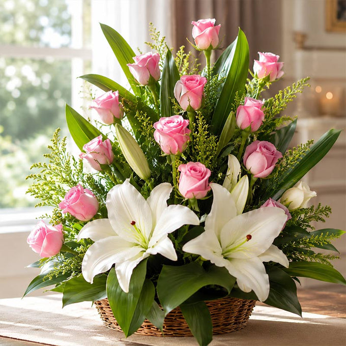 Pink Roses & White Asiatic Lilies Basket Arrangement - Flower Delivery in GiftsGhaziabad