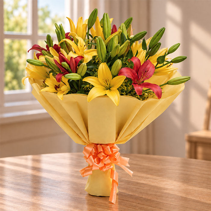 Asiatic Lily Bouquet with 8 Mixed Colour Blooms