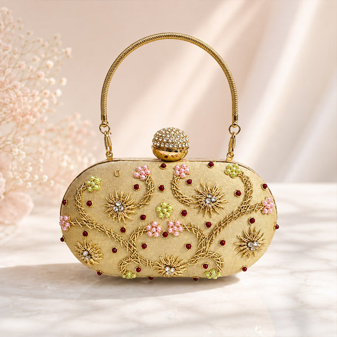 Aurora Bloom Gold Embellished Evening Clutch