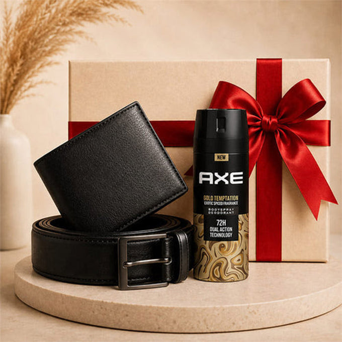 Axe Temptations Deo 150 ml with Men's Wallet & Trendy Belt Gift Set - Accessories Gift for Men