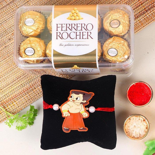 Ferrero Rocher chocolate box with a black pillow featuring a cartoon character on a white surface.