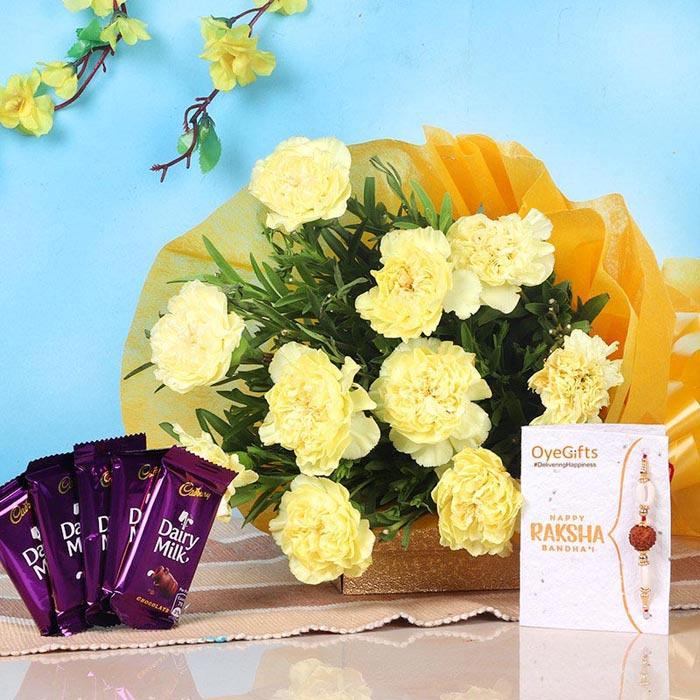 Dairy Milk Chocolate with Carnations Rakhi Combo