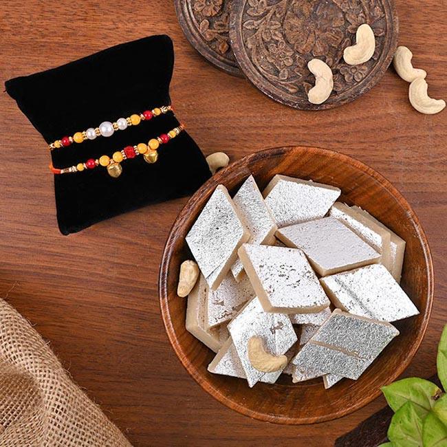 2 Designer Rakhi with Kaaju Katli Sweet
