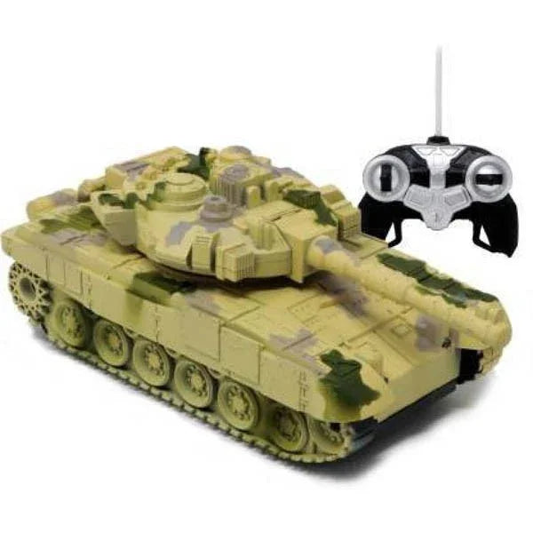 Toy tank with camouflage pattern and remote control on a white background