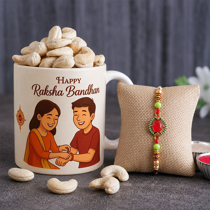 Beaded Rakhi With Mug And Cashews