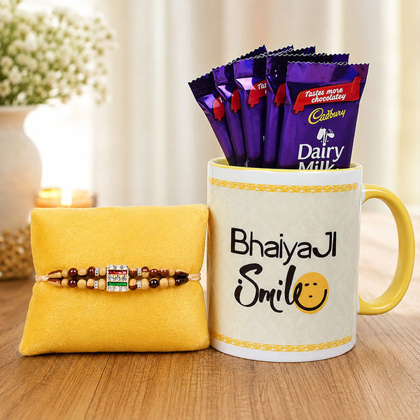 Beaded Stone Rakhi with Bhaiya Ji Smile Mug & 5 Chocolate Packs
