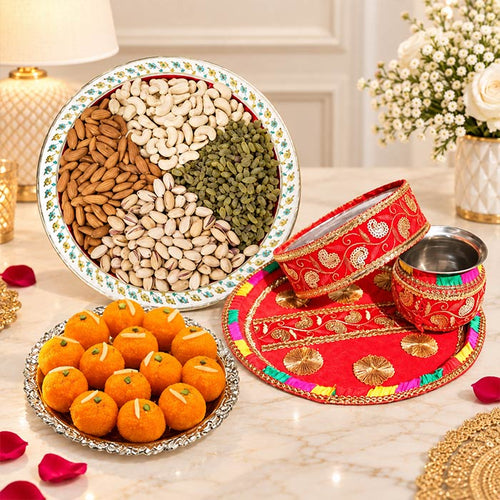 Beautiful Karwa Chauth Gift with Decorated Thali, Karwa Chauth Vessel, 500g Motichoor Laddu and 500g Mixed Dry Fruits