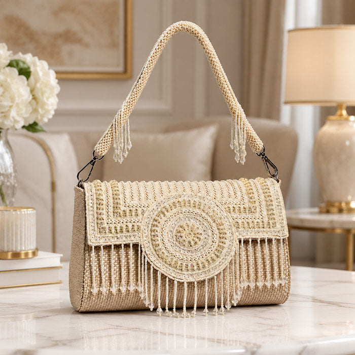 Beige woven handbag with tassels 