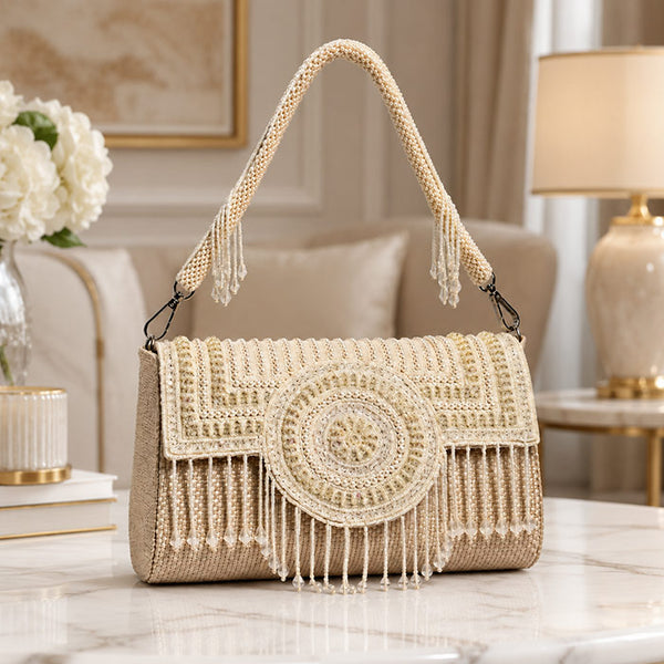 Beige Pearl Embellished Handcrafted Shoulder Bag