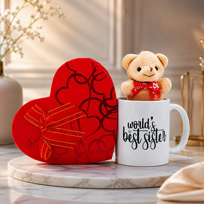 Best Sister Mug N Chocolates With Mini Teddy Combo