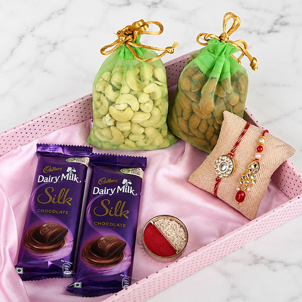Bhaiya Bhabhi Kundan Rakhi N Chocolate Dry Fruit Combo