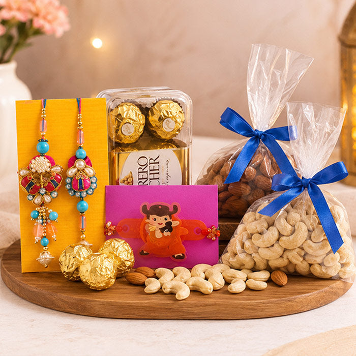 Bhaiya Bhabhi Rakhi Gift Set with Dry Fruits & Ferrero Rocher