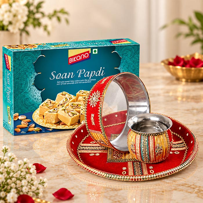 Bikano Soan Papdi with Traditional Karva Thali & Channi Set