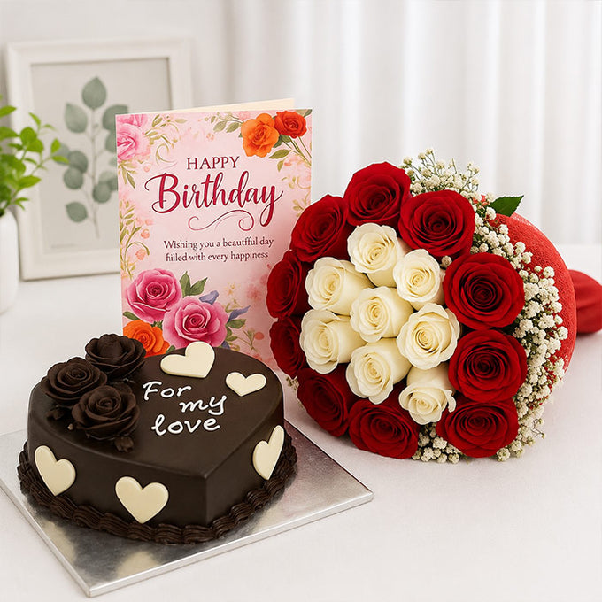20 Red & White Roses Bunch with Half Kg Eggless Dark Chocolate Cake and Birthday Card - Birthday Gift in Kalyani