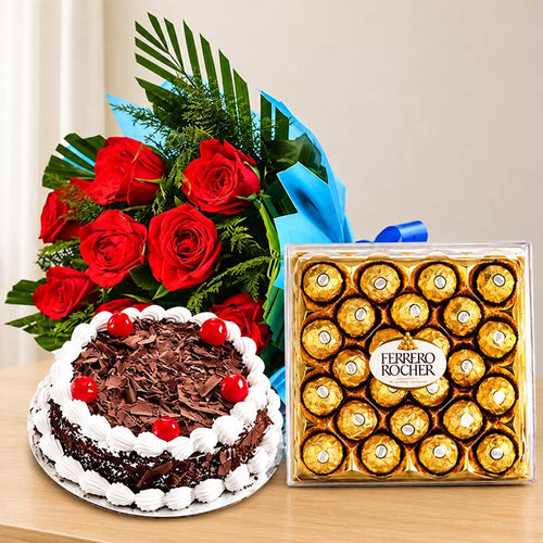 Black Forest Cake & Roses with Ferrero Rocher | OyeGifts