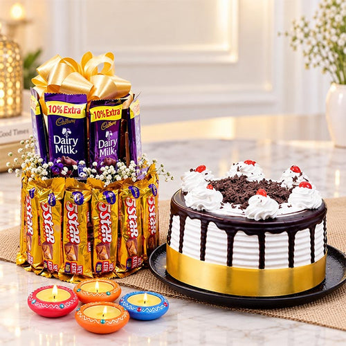 Black Forest Cake with Dairy Milk, 5 Star Chocolates & Diyas