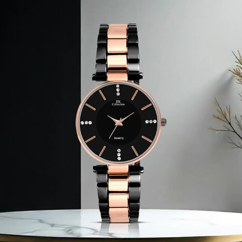 Luxury watch with black and rose gold band on a neutral background