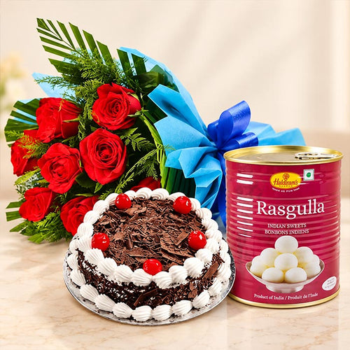 Blackforest Cake with 10 Red Roses and 1 kg Rasgulla