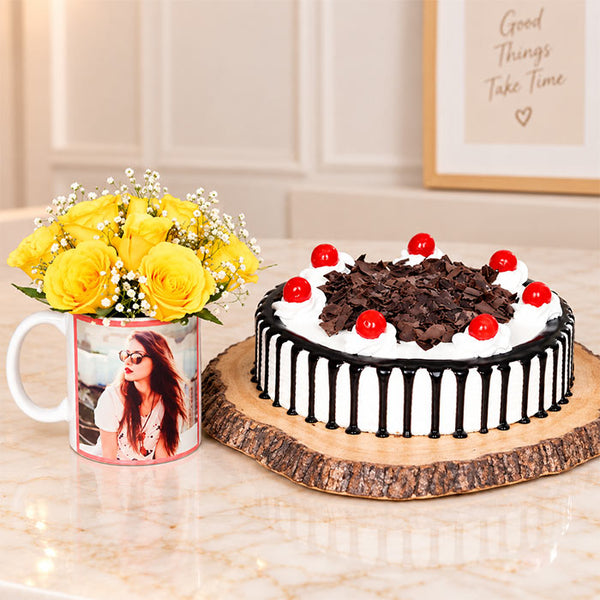 Blackforest Cake with Personalised Mug & Yellow Roses