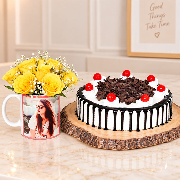 Blackforest Cake with Personalised Mug & Yellow Roses