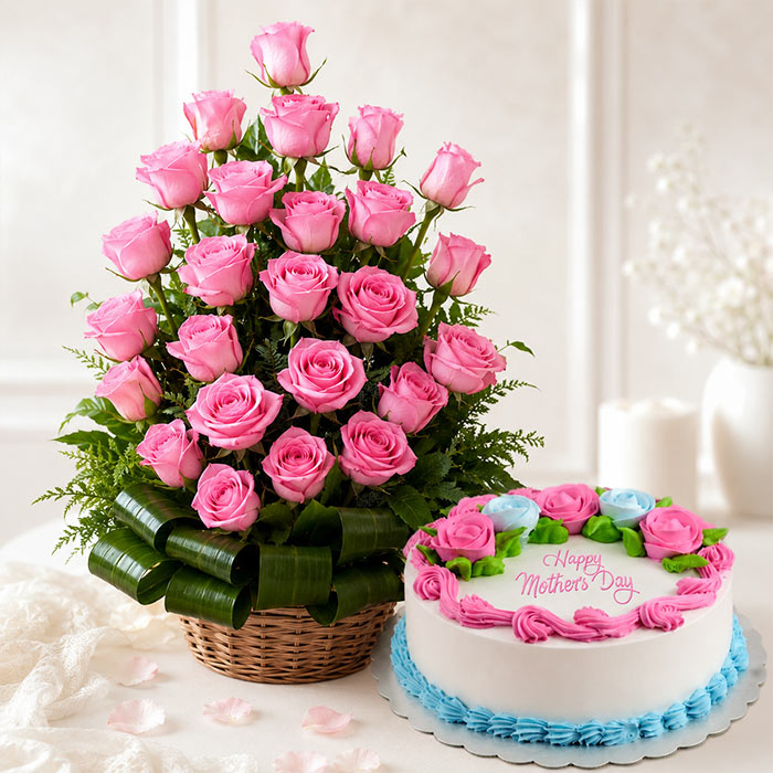 Bouquet of pink roses and a cake with 'Happy Mother's Day' text on a white background