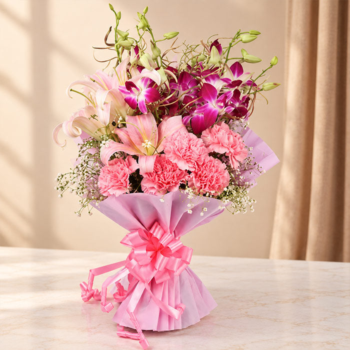 Blue Orchids, Pink Asiatic Lilies & Carnation Bouquet