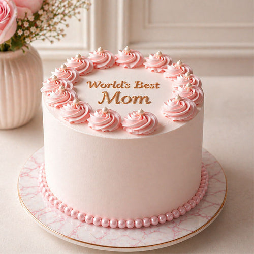 Pink cake with 'World's Best Mom' text on a marble surface