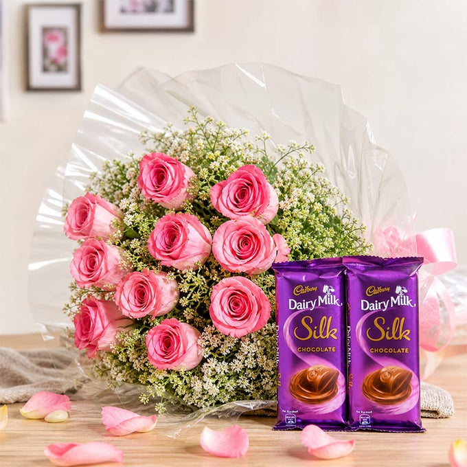 Pink Roses Bouquet with 2 Cadbury Dairy Milk Silk Chocolates - Flower Delivery in Kalyani